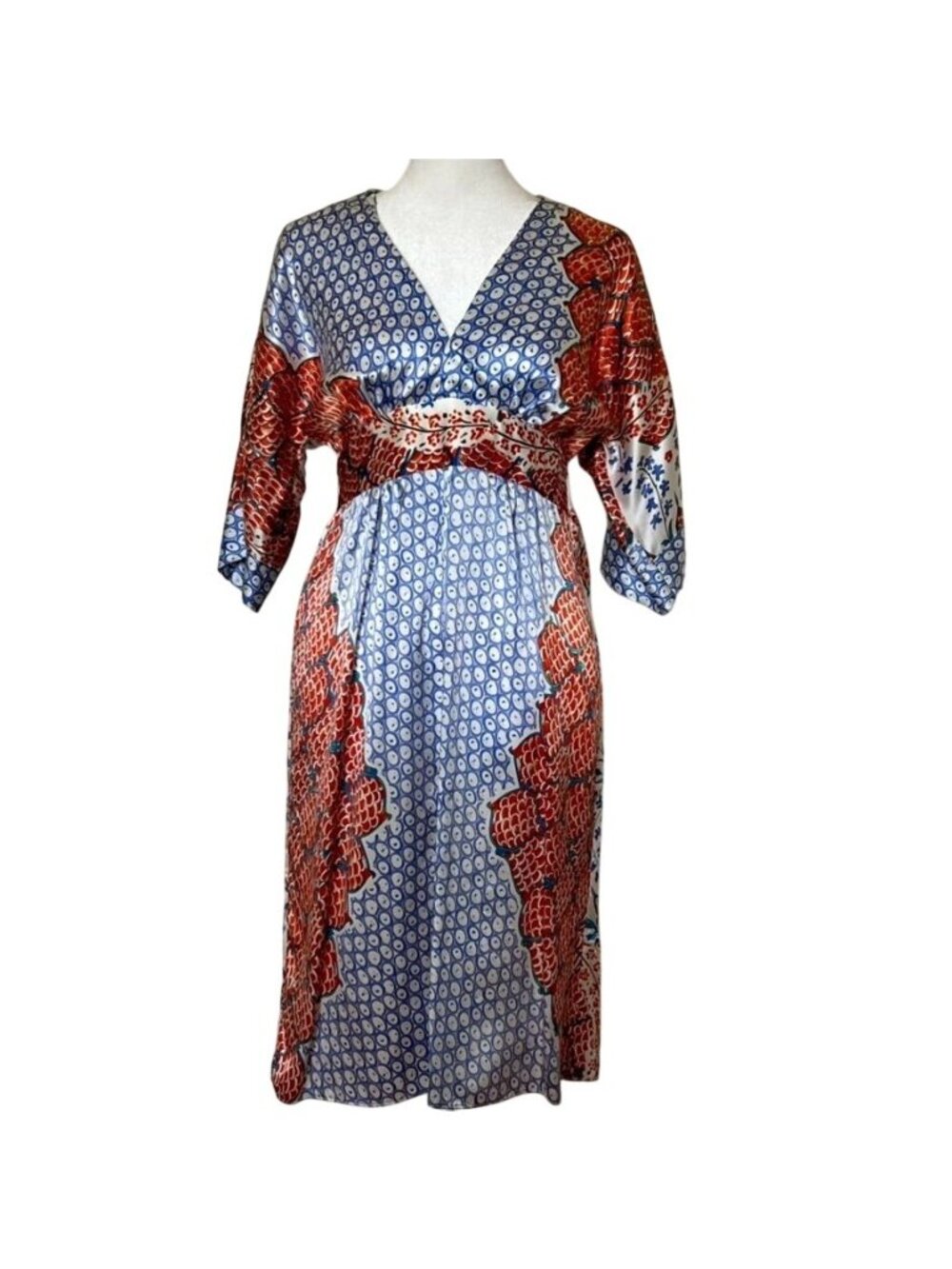 Single Dress 100% Silk Art-to-Wear Kimono Wrap Midi Dress Boho Print Sz S Resort - Picture 2 of 13
